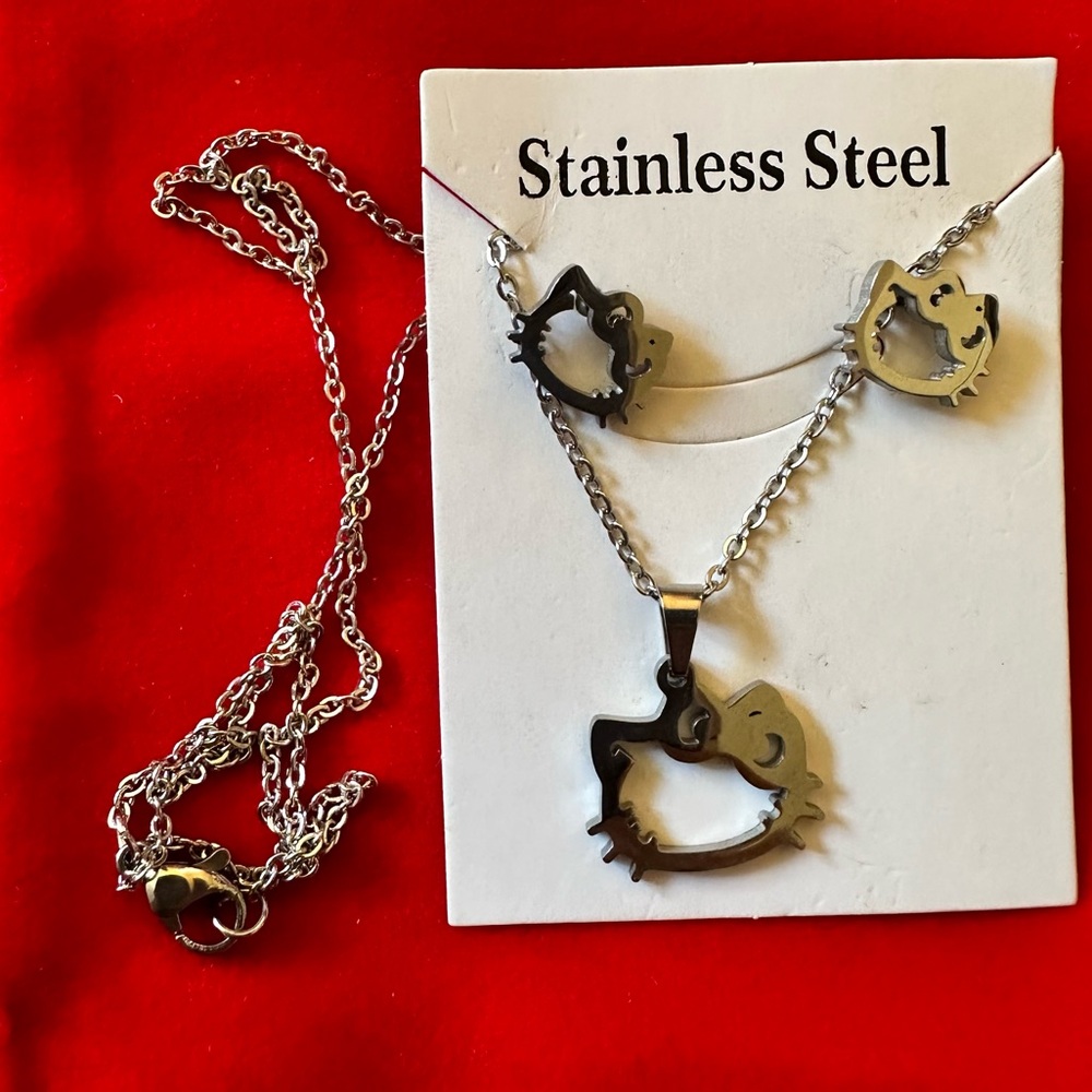 Hello Kitty Silver Tone Stainless Steel Necklace and Earrings Set